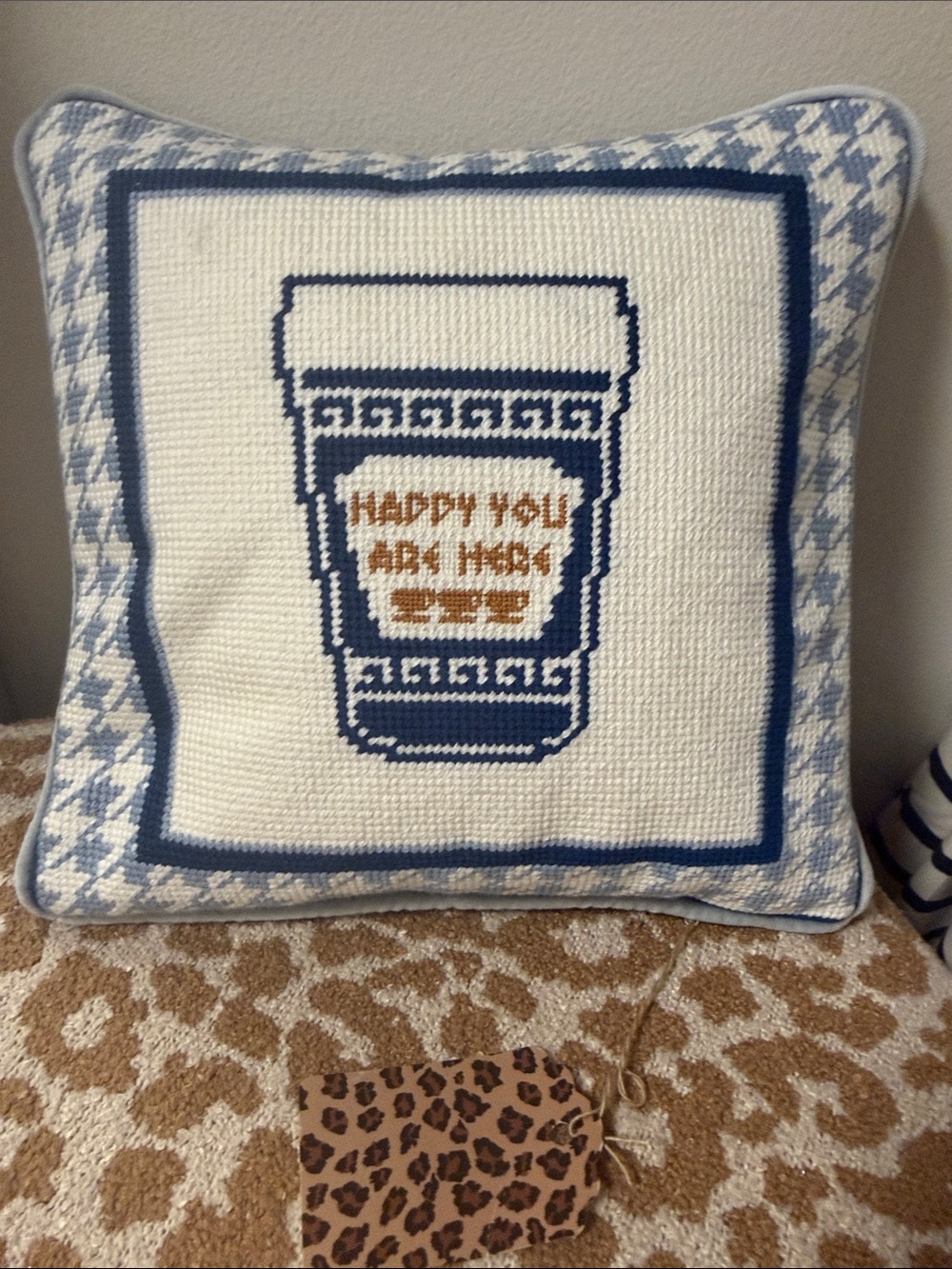 Blue and White Coffee Cup Needlepoint Decorative Pillow by